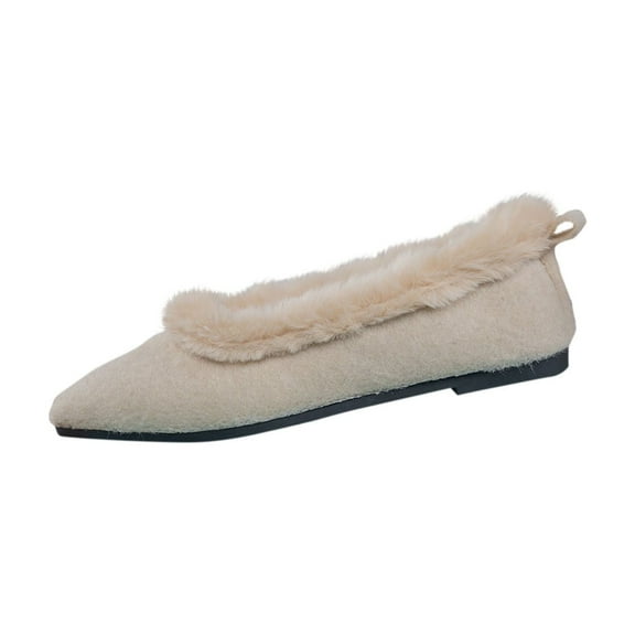 Beige Ladies Warm Shallow Shoes Pointed Toe Slip On Flat Bottom Plus Velvet Winter Casual Outdoor Indoor Footwear