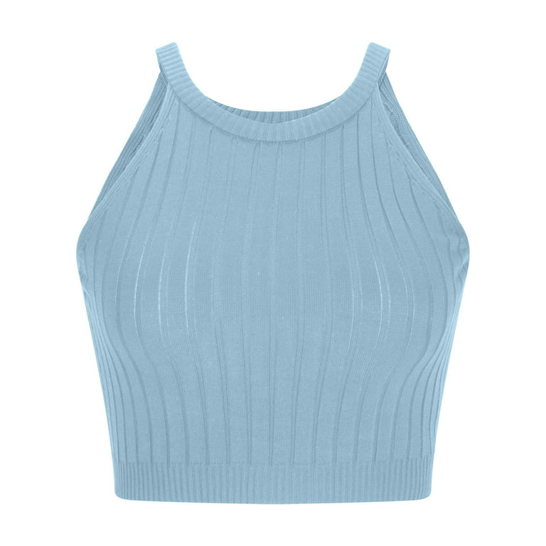 YYDGH Women's Knit Crop Top Ribbed Sleeveless Halter Neck Vest Tank Top  Light Blue XL