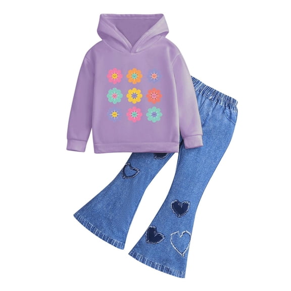 Tdoqot Toddler Girls Outfit Sets- Casual Long Sleeve Cute Cotton Hoodie and Flare Jeans Kids Spring Clothes Purple Size 3 T