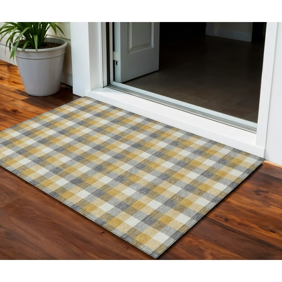 HomeRoots 601398 3 x 5 ft. Gray, Tan & Beige Plaid Washable Indoor & Outdoor Rectangle Area Rug