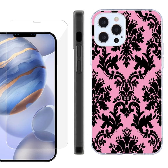 Slim Fit Protective Phone Case for Apple iPhone 12 / iPhone 12 Pro, with Tempered Glass Screen Protector, by OneToughShield ® - Victorian Pink/Black