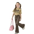 thumbnail image 4 of Girl's 2 Piece Leopard Cheetah Outfits Valentine's Day Short Sleeve Bow Graphic Tees And Flared Pants Set Khaki 11 Y-12 Y, 4 of 5