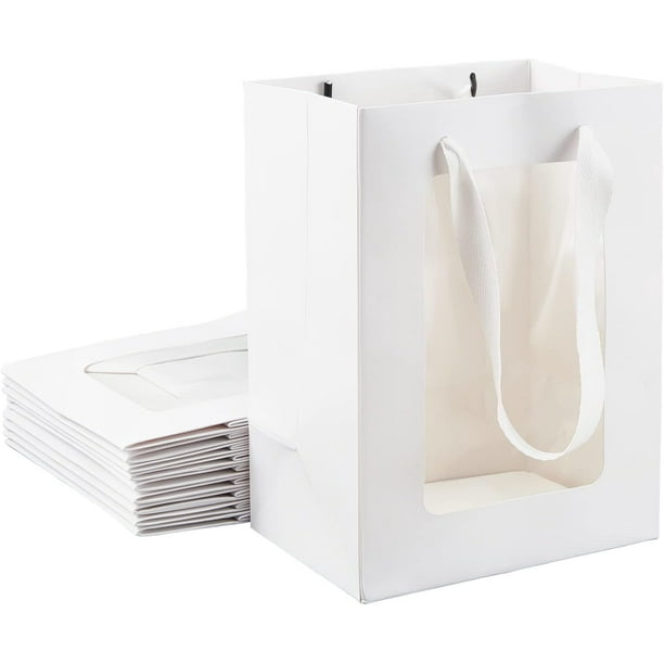 10 paquetes de bolsas de papel kraft blancas con ventana transparente de 8 x 6 x 4 pulgadas, bolsas de regalo con asa para regalos de boda, propuestas, dulces y regalos.