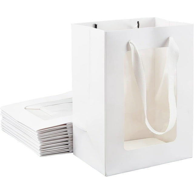 10 paquetes de bolsas de papel kraft blancas con ventana transparente de 8 x 6 x 4 pulgadas, bolsas de regalo con asa para regalos de boda, propuestas, dulces y regalos.