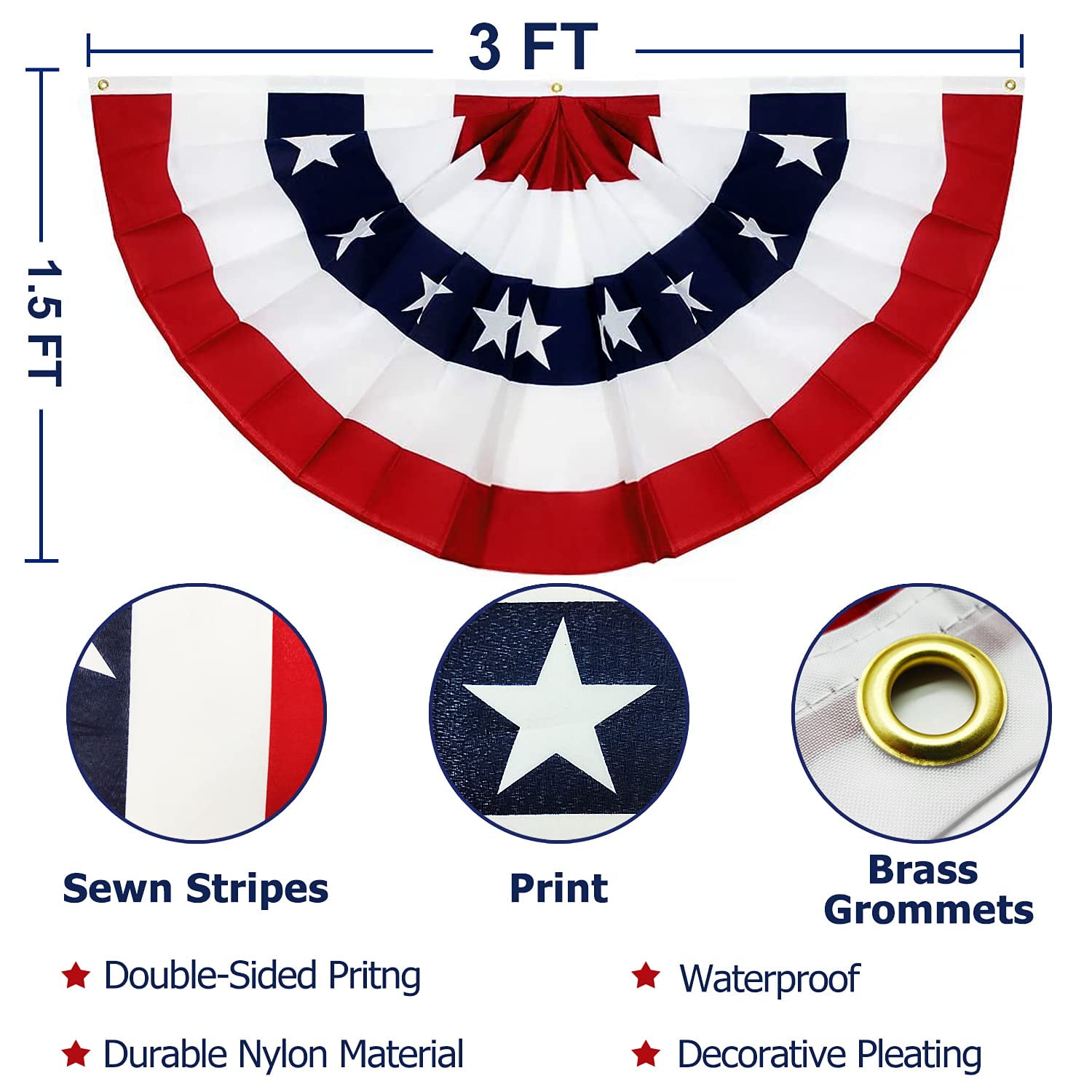 3 Pack American Flag Patriotic Bunting USA Pleated Fan, 1.5X3 Ft Large US Bunting Flags Half Fan 4th of July Decorations US Flag Banners Independence Day Fourth July Outdoor Decor Memorial Day