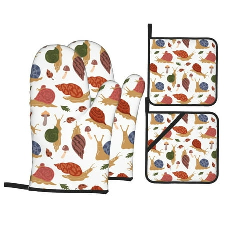 

Oven Mitts and Pot Holders Sets 4 pcs Snail Leaf Mushroom Non-Slip Oven Gloves Potholders Soft Quilted Lining Heat Resistant Gloves Hot Pads for Kitchen Cooking Baking