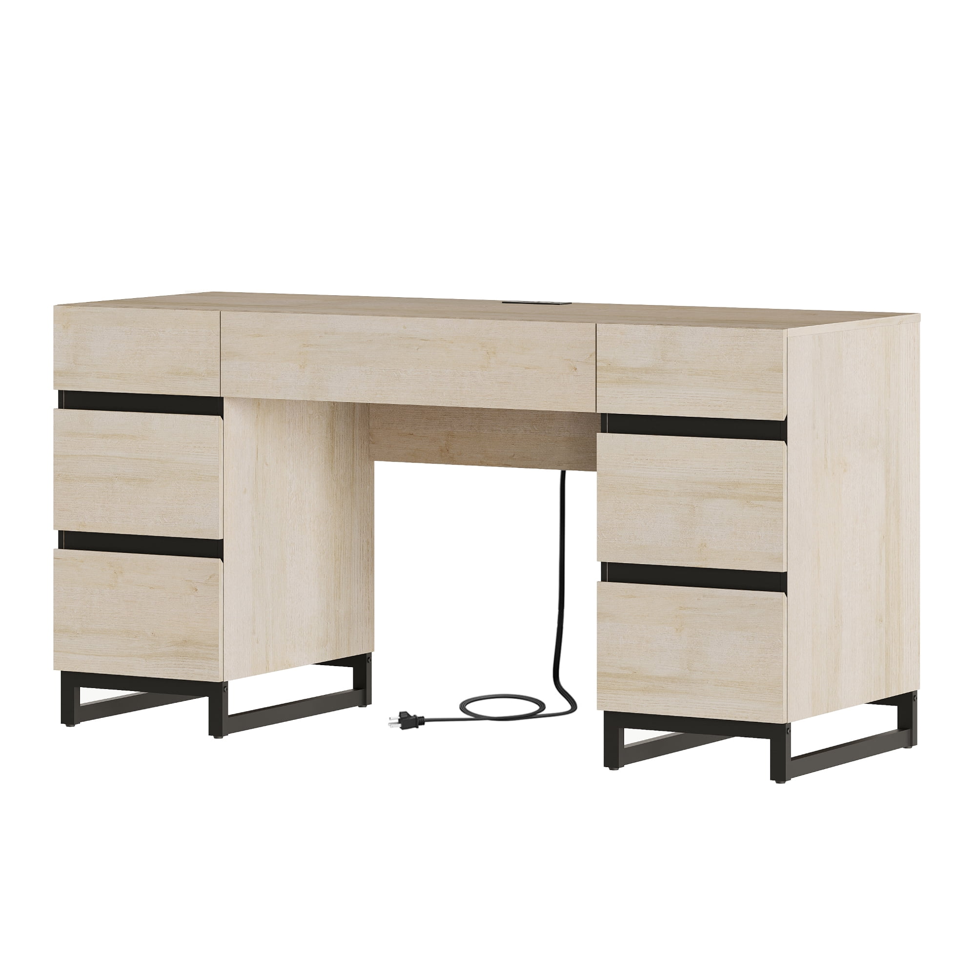 WAMPAT 59" Rustic Beige Modern Executive Desk with Drawers & Charging Station, Wood Computer Writing Desk with File Drawer, Study Table for Bedroom, Living Room & Home Office