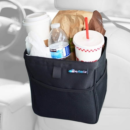 MyTidyCar Car Trash Can - Hanging Wastebasket & Auto Garbage Bag - Portable Waste Container with Lid and Waterproof Lining - Large 3 Gallon Capacity