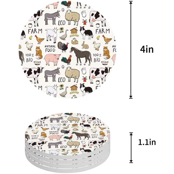 FMSHPON Natural Food Farm Country Style Milk Cow Pig Sunflowers Set of 8 Round Coaster for Drinks, Absorbent Ceramic Stone Coasters Cup Mat with Cork Base for Home Kitchen Room Coffee Table Bar Decor