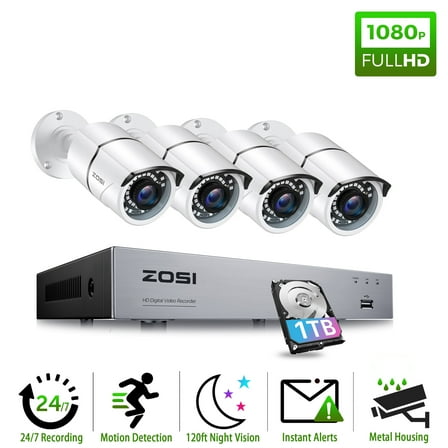 ZOSI H.265  5MP Lite Home Security Camera System with 1TB Hard drive, 8CH 1080P DVR with 4pcs Weatherproof CCTV Cameras,120ft Night Vision,Motion Alert,Remote Access