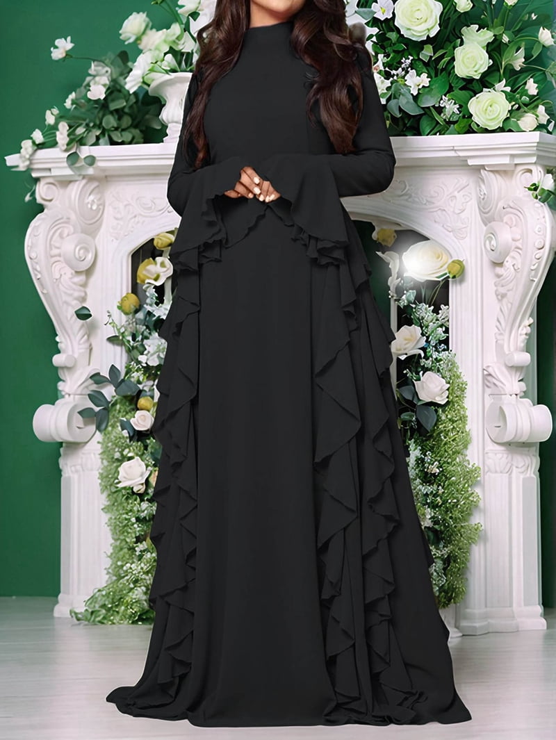 Women'S Bodycon Dresses Elegant Bell Sleeve Ruffle Hem Cocktail Party Long Dress Black XL