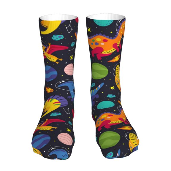 Bingfone Dinosaurs in Space Prirnt Women's Men's Fun Pattern and Solid Crew Socks-1 Pair Pack-Cool & Classic Novelty Design Gifts