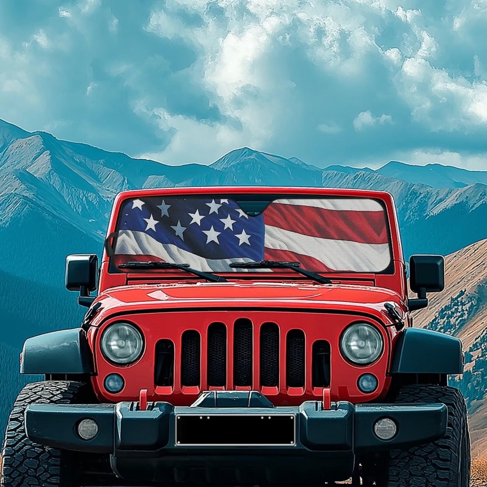 Uorisanigo Windshield Sun Shade, 3D USA Flag Car Sunshade Compatible with Jeep Wrangler Rubicon Sahara TJ JK JKU 2 Door & 4 Door, UV Rays Blocker Sun Visor Shade Keep Vehicle Cool