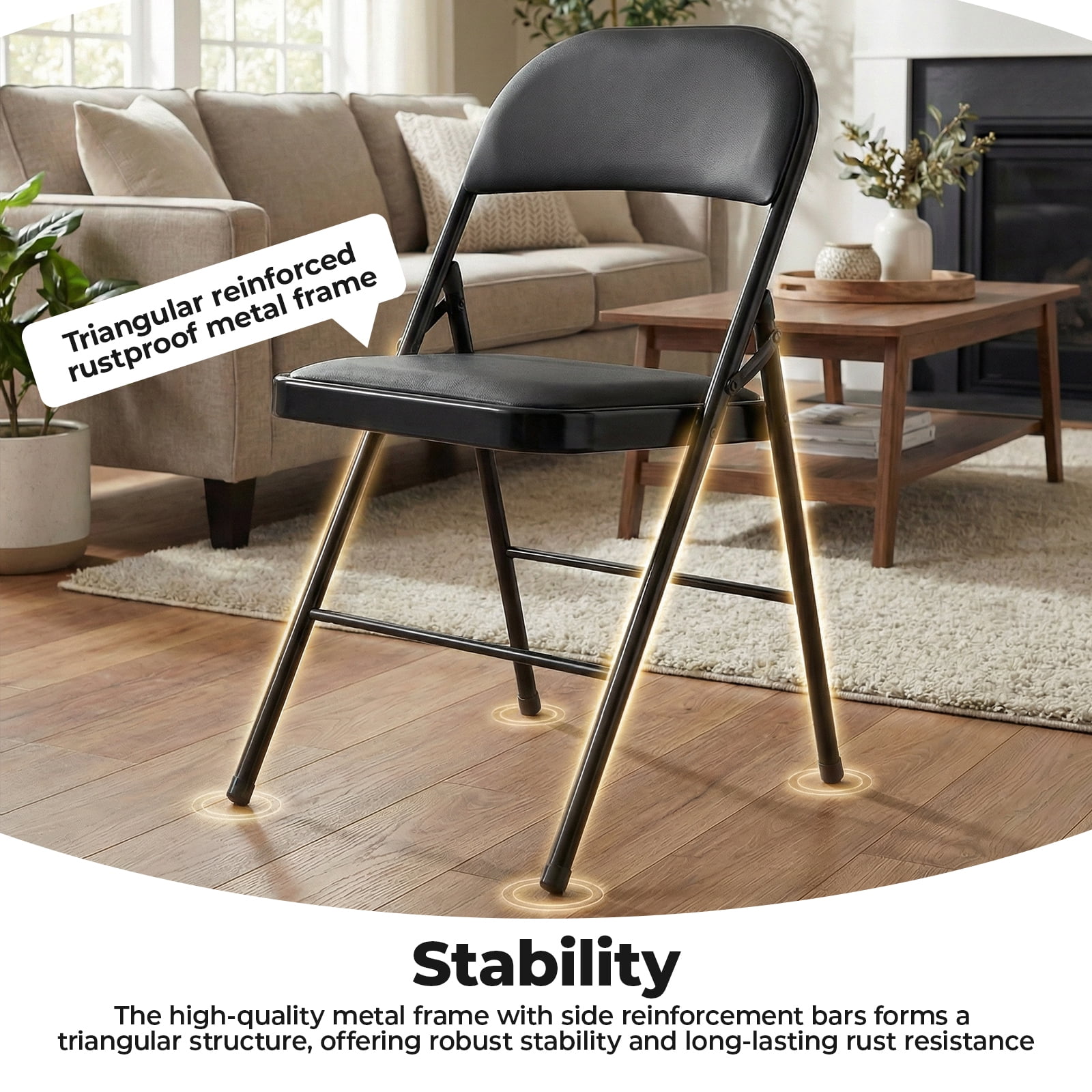 Alvantor Folding Chairs 2-Pack/4-Pack, Padded PU Leather Seat, Heavy Duty,Black/Khaki