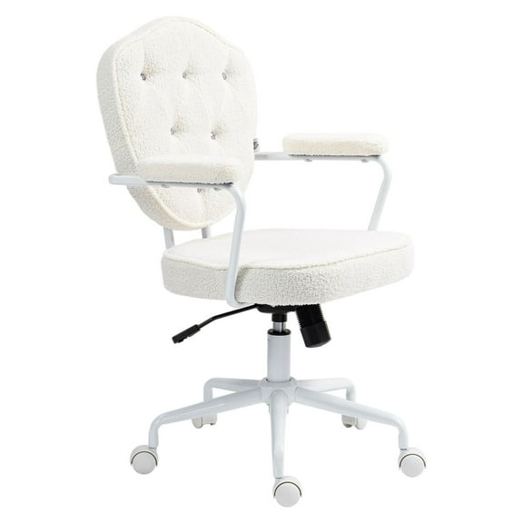 COCOKUN Makeup Vanity Chair, Tufted Cute Desk Chair with Wheels & Adjustable Height for Girls Women, Soft Task Chair, Cream White