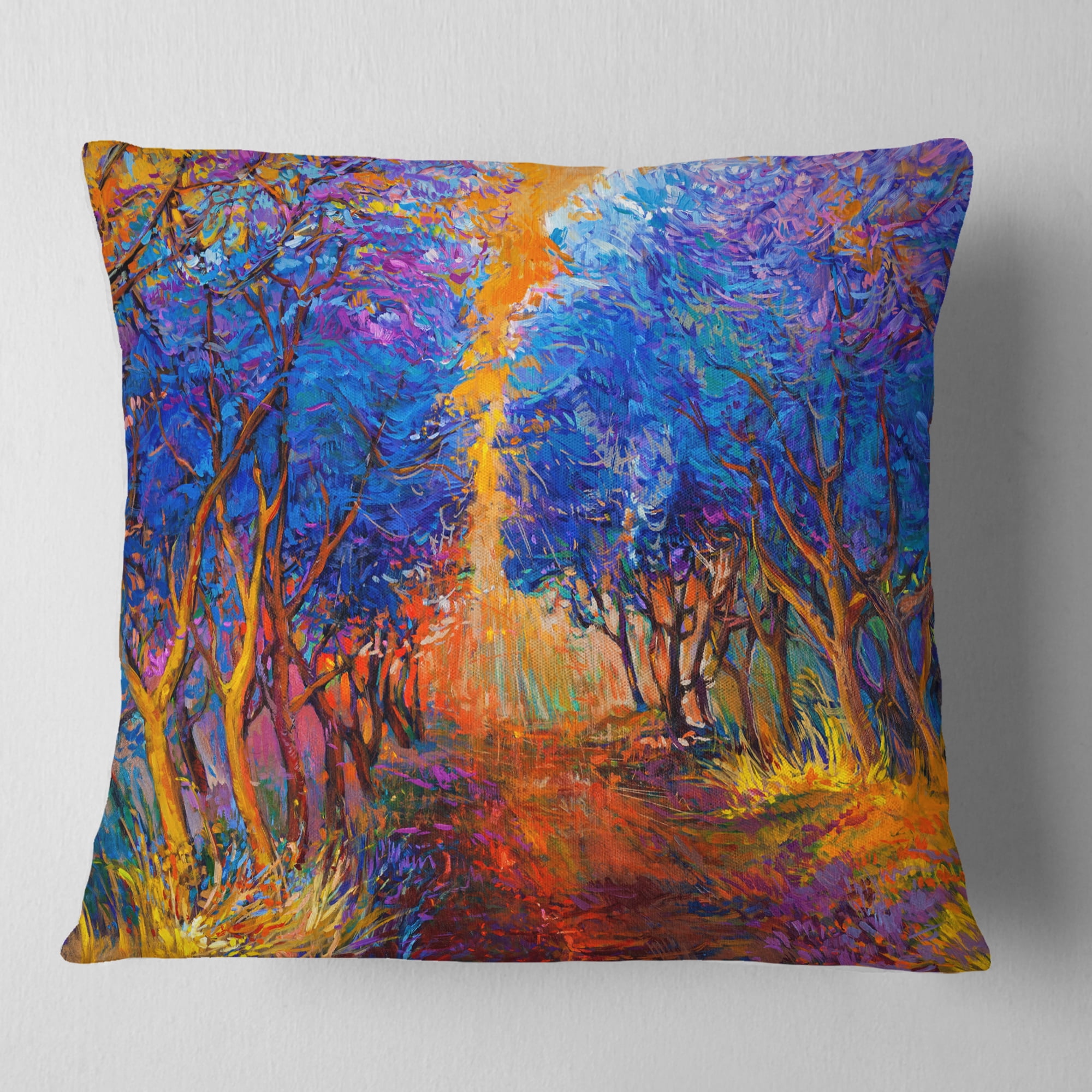 Designart Blue Autumn Forest - Landscape Printed Throw Pillow - 16x16