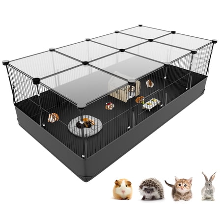 Guinea Pig Cage with Waterproof PVC Bottom Liner & Roof & One-Hand Release Hook, Triple Fixing C&C Cage for Guinea Pigs, Bunny, Rabbit, Hedgehog, Small Animal Indoor Playpen 47''L x 24''W x 16''H