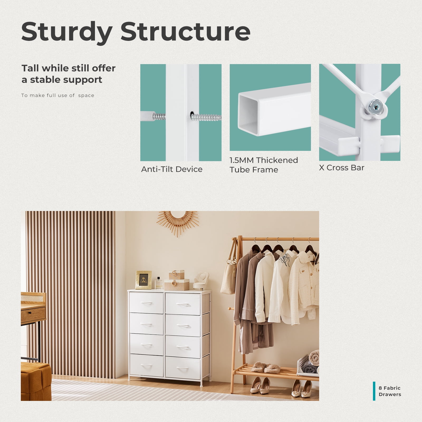 Aukfa 8 Drawer Dresser,Tall Fabric Dresser & Chest of Drawers for Bedroom,Metal Frame,White