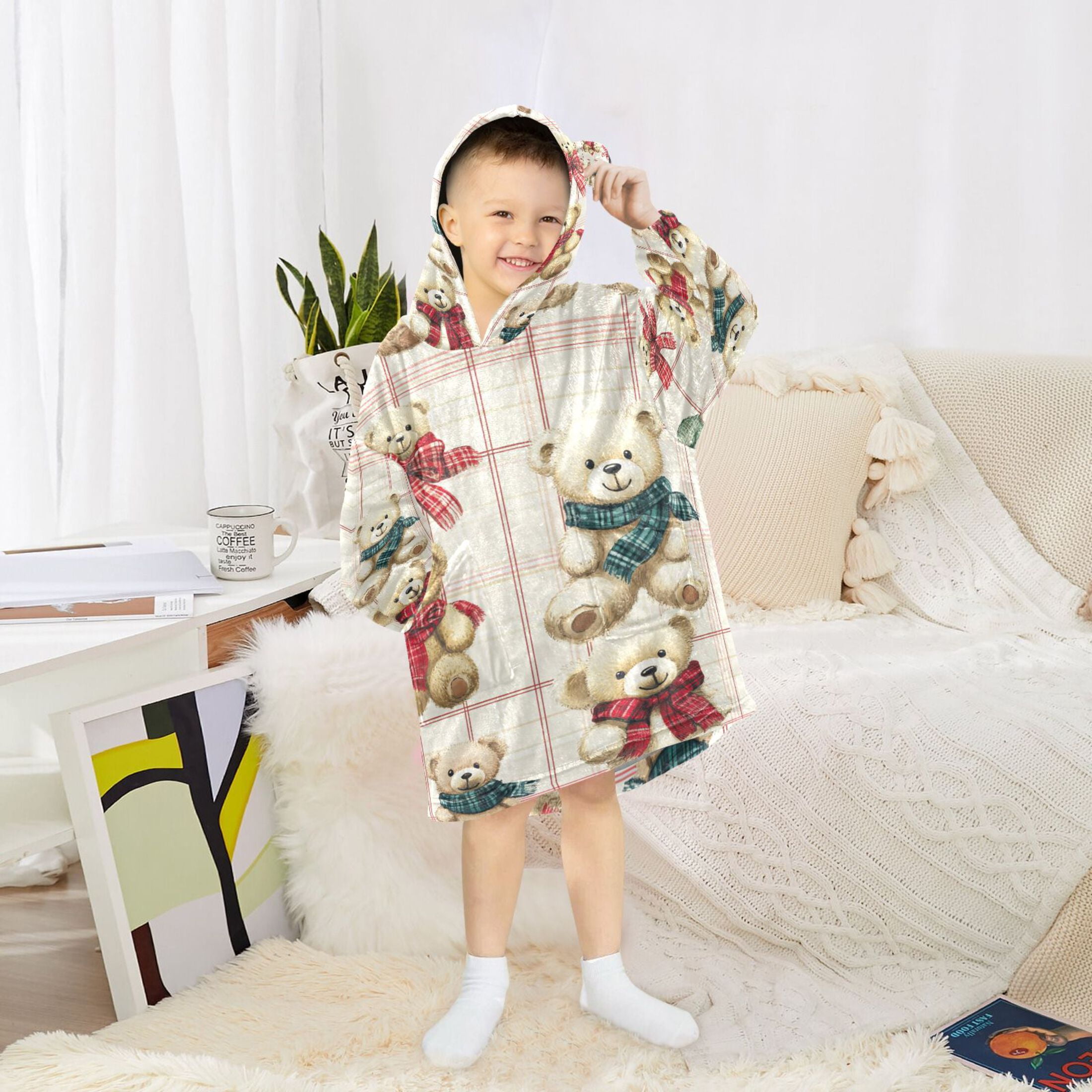 YAZAOO Kids Wearable Blanket Hoodie Warm and Cozy Bear Hugs and Checkered Love Flannel Sweatshirt
