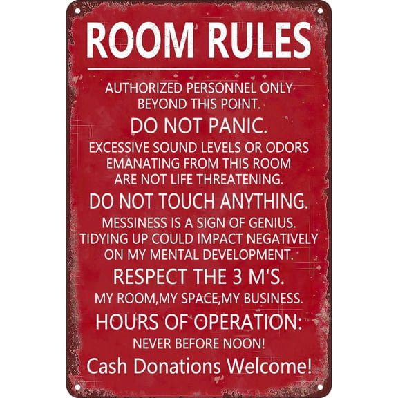 Room Rules Sign For Teen Girls Boy Bedroom Gaming Room Door Decor Dorm Wall Accessories Cool Things, Funny Metal Tin Signs Size: 8 x 12 inch