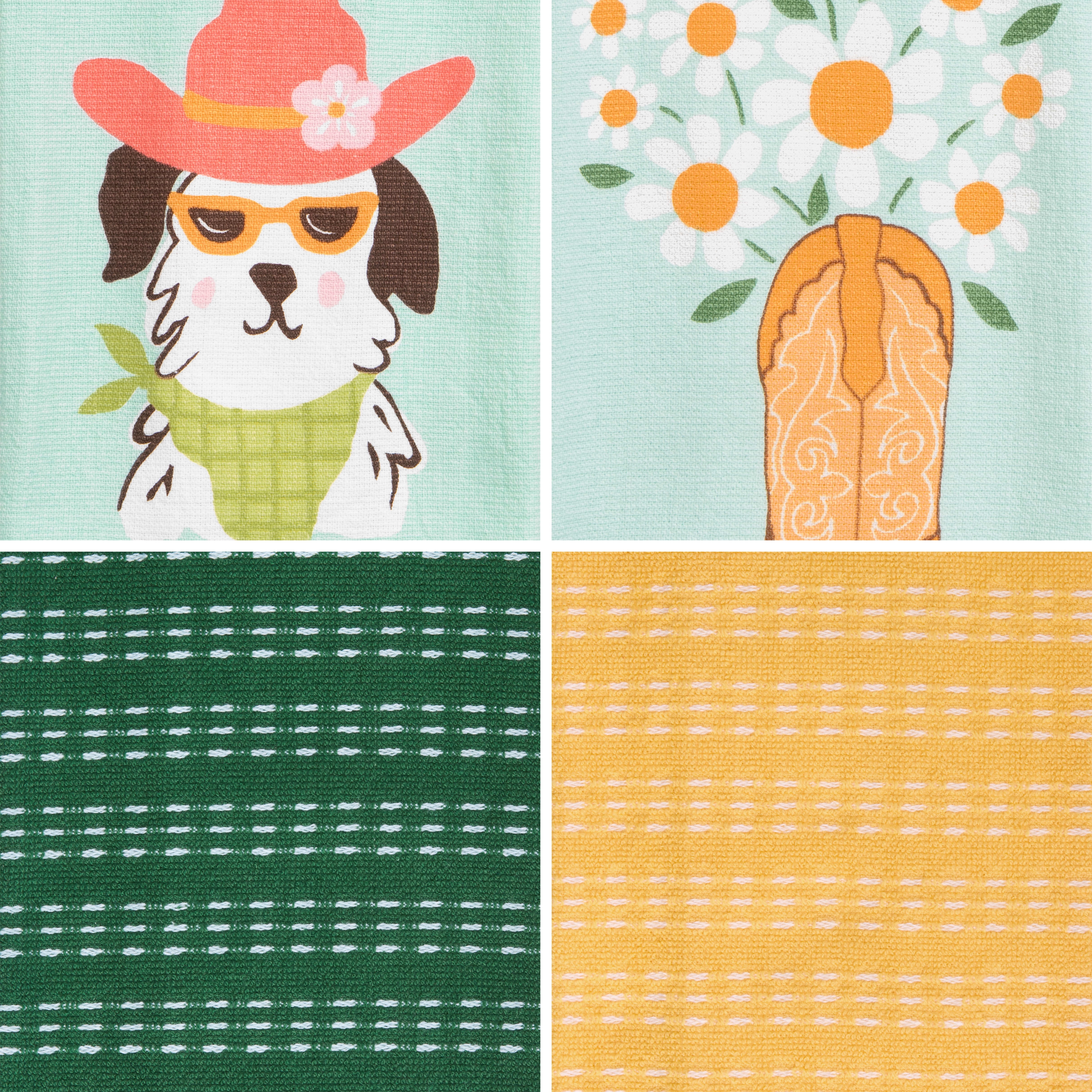 RITZ 100% Cotton Summer Kitchen Towels, Set of 4, Cowboy Daisy Dish Towels Set