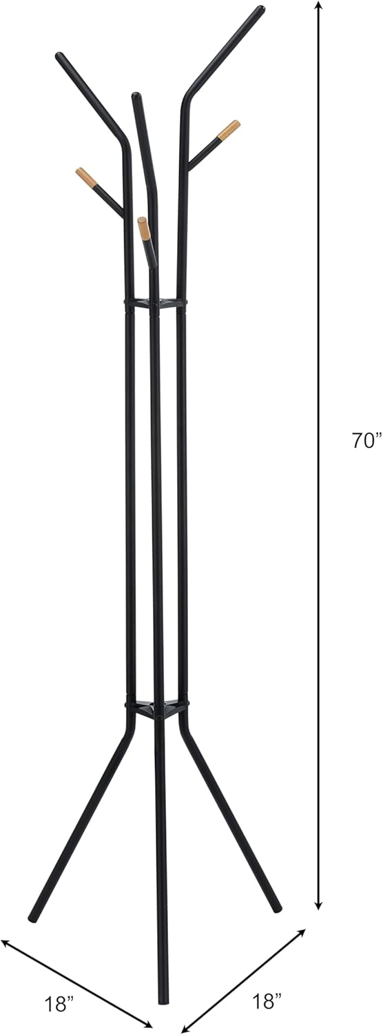 Proman Products Cali Tripod Metal Coat Tree Rack with 6 Hooks for Entryway, Office, Black