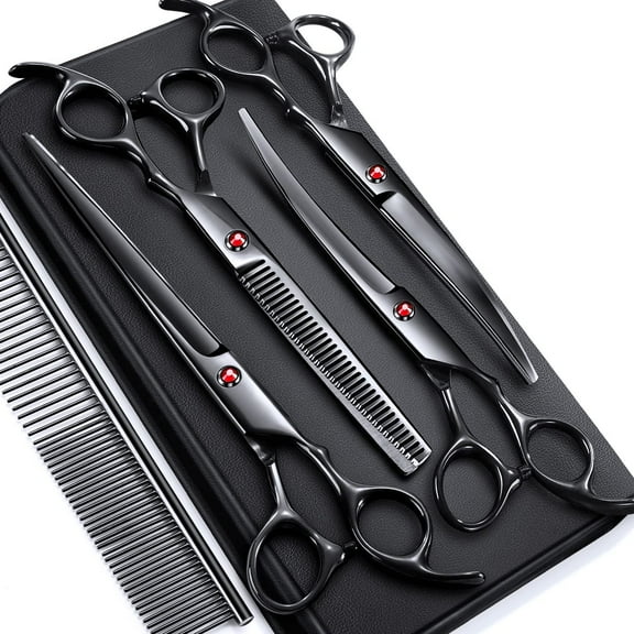7.0in Stainless Steel 6 in 1 Professional Dog Grooming Scissors Kit, Heavy 4CR Titanium Coated Straight & Thinning & Curved Shears & Comb Set for Dog & Cat Grooming