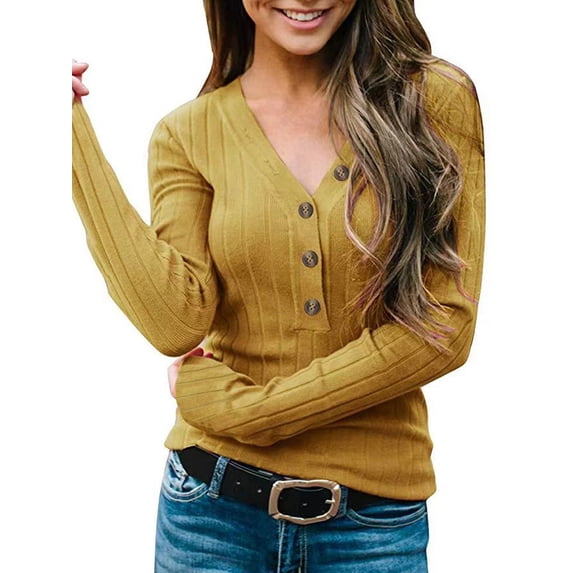 hirigin Women Knit Sweater Casual Solid Color Long Sleeves Button V-neck Pullover Knitwear Tops Streetwear