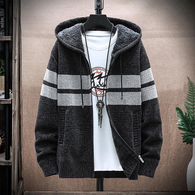 Mikilon Hommes Décontracté Patchwork Manches Longues Tricot Cardigan à Capuche à Fermeture Éclair Chandail Manteaux