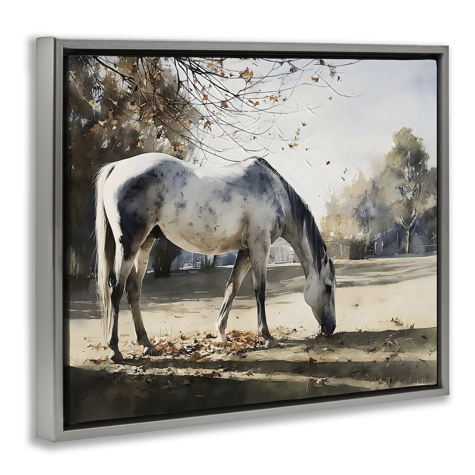 Stupell Industries Grey & White Mare Grazing Gray Framed Floater Canvas Wall Art, design by Franklyn Gregory
