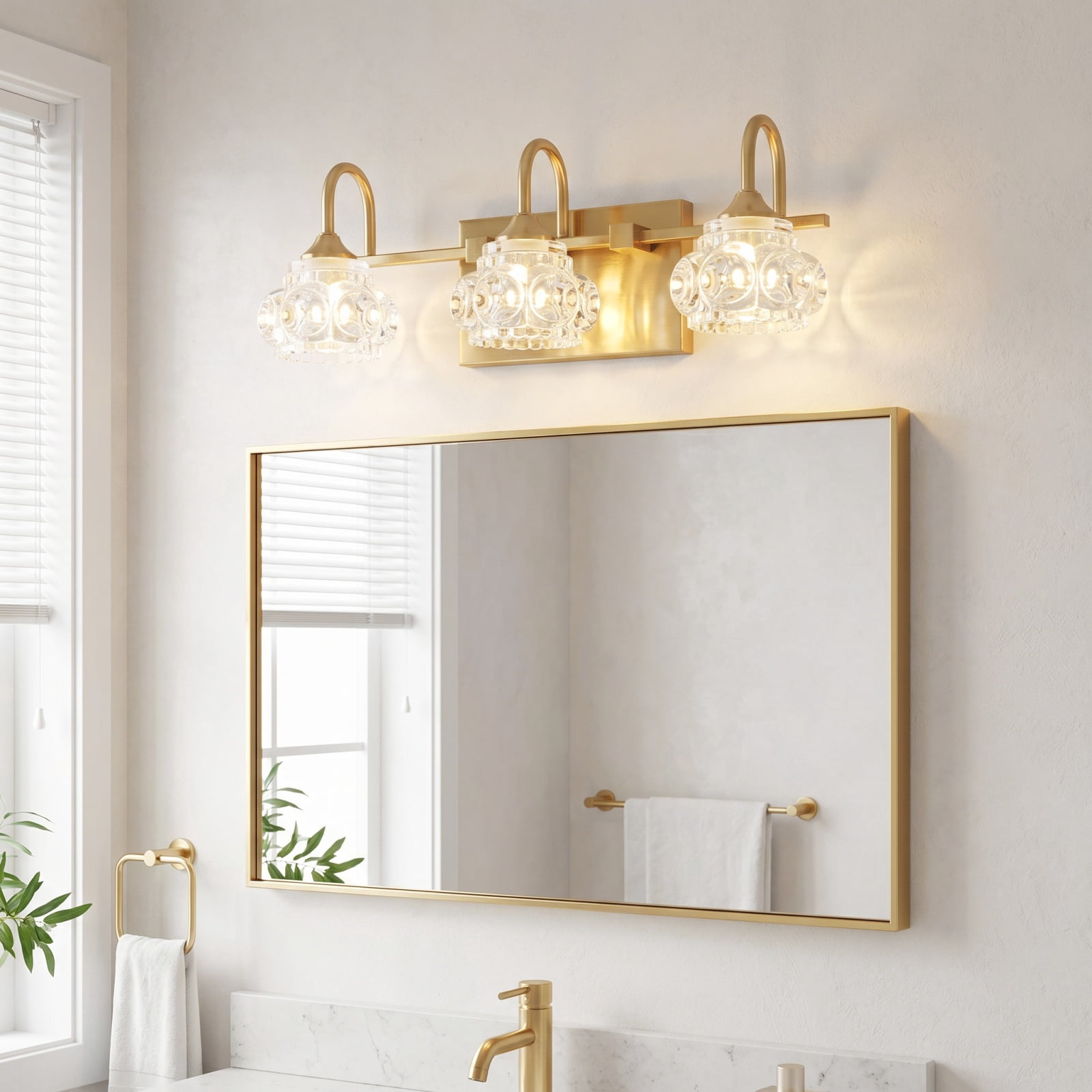 17" Modern 3-Light Crystal Bathroom Vanity Light, Gold Wall Sconce with Clear Glass Shades, Elegant Bathroom Lighting Fixtures Over Mirror, for Vanity or Powder Room (Bulbs Not Included)