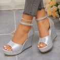 thumbnail image 6 of CYMMPU Women's Fish Mouth Open Toe Wedge Sandals, Glitter Ankle Strap Platform Shoes, Comfort Casual Summer Beach Slip On Dress Sandals Silver 43, 6 of 9