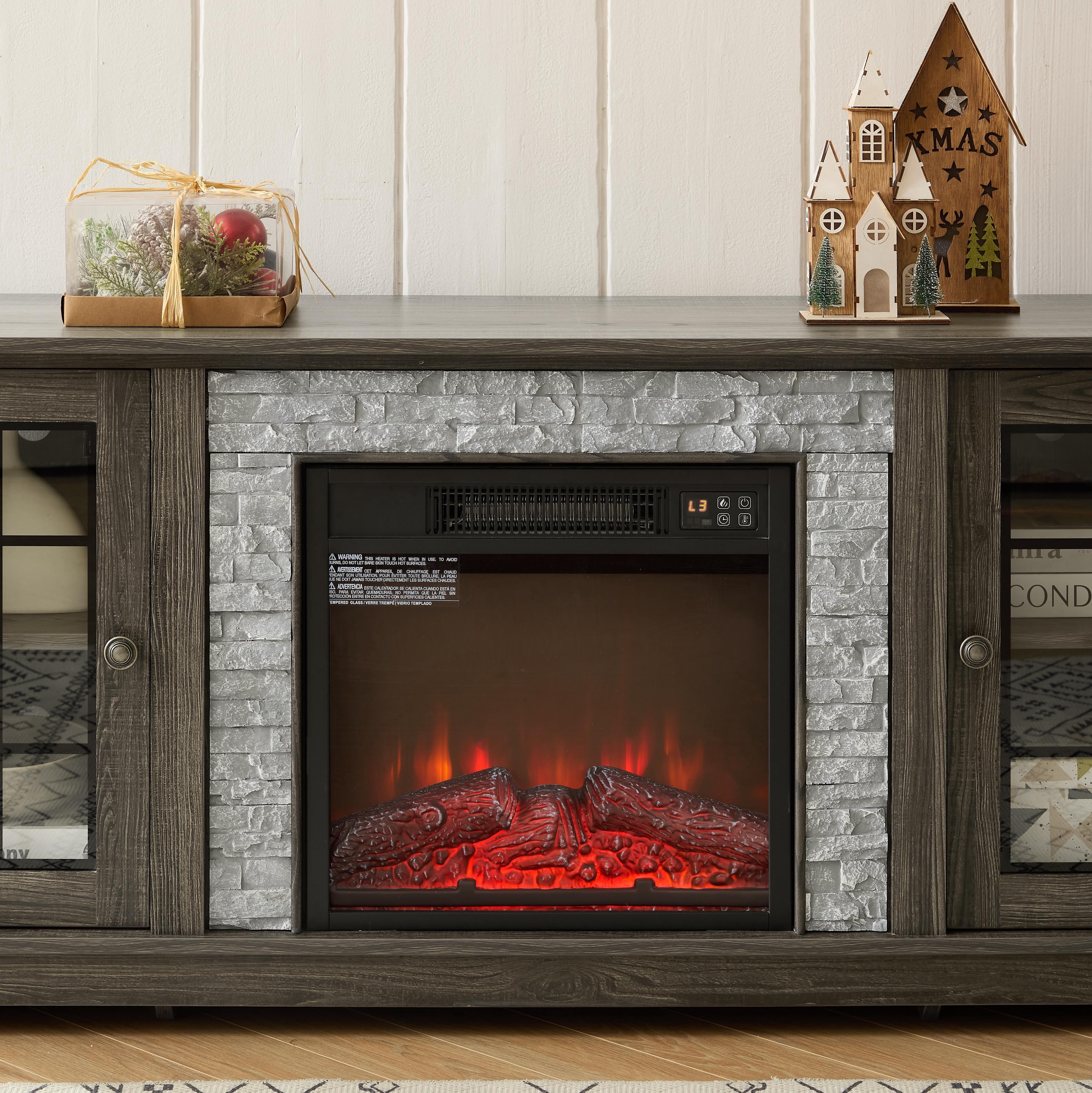 Fireplace TV Stand for TVs up to 65", Paproos Farmhouse TV Stand with 18" Electric Fireplace, Entertainment Center Televison Console Table with Realistic Stacked Stone & Adjustable Shelves, Grey