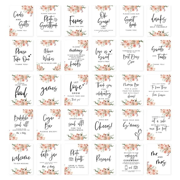 Koyal Wholesale Coral Florals Wedding Signs Bundle Set for Ceremony, Reception Decor Signage, 8.5 x 11", 30-Pack