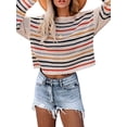 thumbnail image 2 of Seyurigaoka Women Juniors Off Shoulder Knitwear, Ladies Stripe Long Sleeve Loose Sweater, 2 of 6