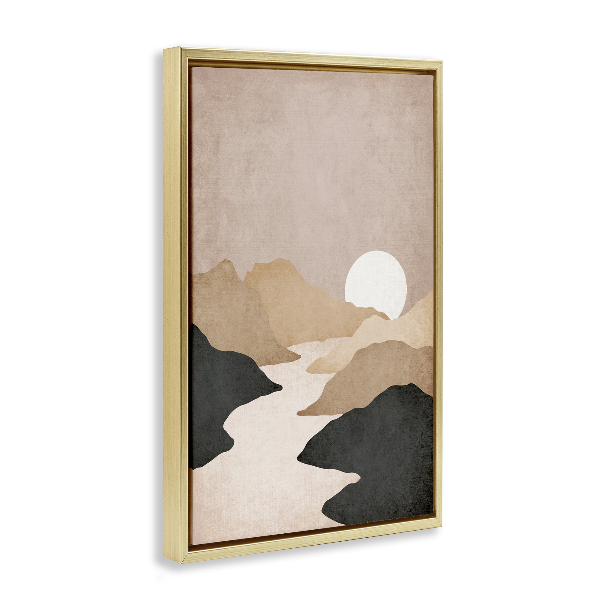 Stupell Industries Beige Mountains with Stream Landscape & Nature Painting Gold Floater Framed Canvas Art Print Wall Art, 17 x 25