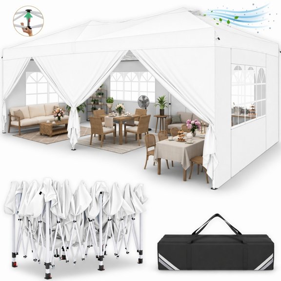 COBIZI 10x20 Pop Up Canopy Tent with 6 Sidewalls & Dual Air Vents, One-Push Instant Canopy Waterproof UPF 50 , Outdoor Gazebo with Sandbags, Stakes & Ropes for Party, Wedding, Commercial Event, White