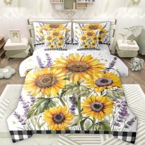 Manfei Sunflower Lavender Print 7pcs Bedding Comforter Set,Natural Scenery Queen Bedding Sets,Classic Geometric Checkered Queen Sheet Sets For Girls Kids,Microfiber Bedroom Decor Reversible