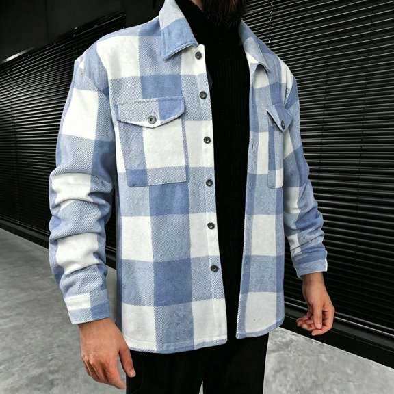 Men's Thick Long Sleeved Lapel Plaid Jacket Casual Style Loose Lapel Shirt Jacket Light Blue M