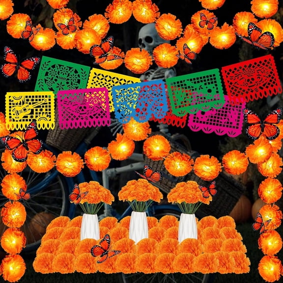 Miguan 45Pcs Marigold Garland for Decoration Artificial Marigold Flowers Butterfly for Day of The Dead Decorations Dia De Los Muertos Indian Diwali Altar Halloween Home Indoor Decor