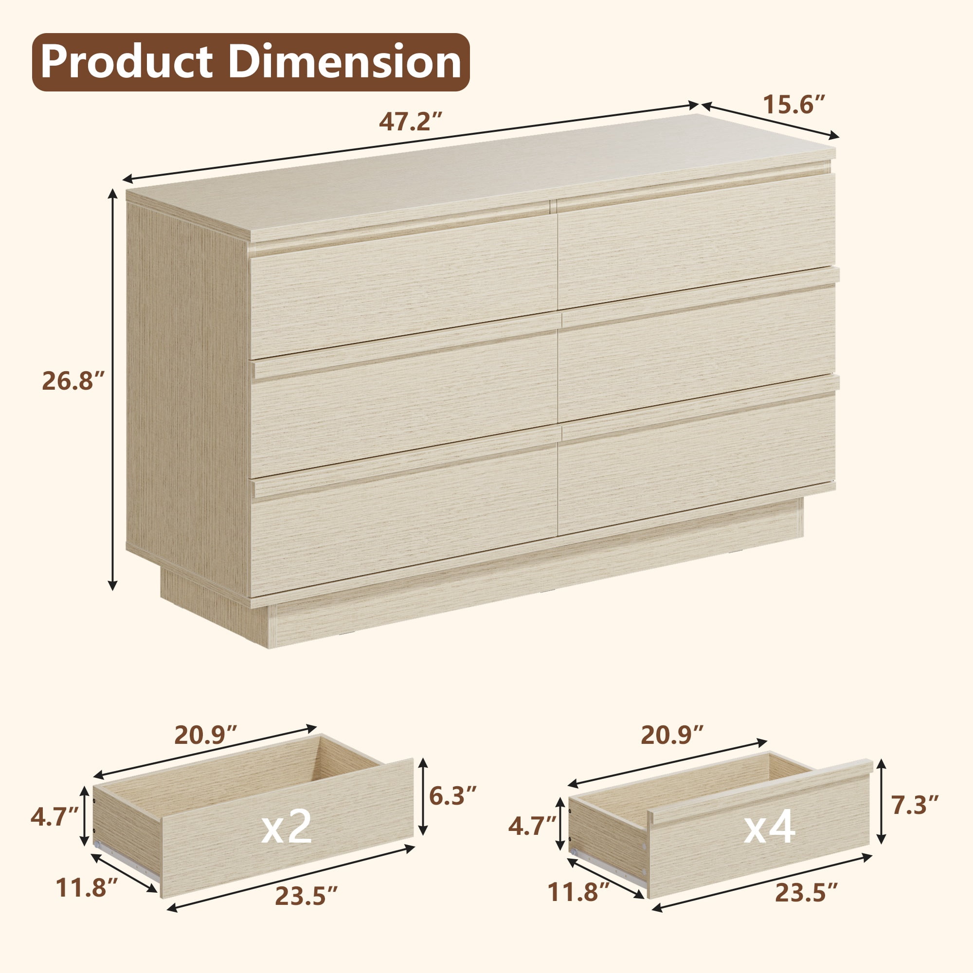 Satifur 6-Drawer Dresser, 47.2 Inch Wide Beech Wood TV Stand & Storage Cabinet for Living Room Bedroom