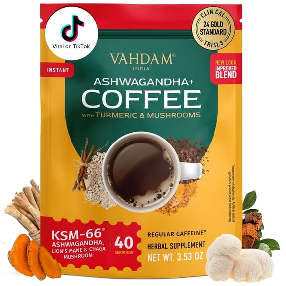 VAHDAM Ashwagandha Coffee with Turmeric, Lion s Mane & Chaga Mushroom | Clinically Proven KSM 66 Ashwagandha & Pure Arabica Coffee | Stress & Cortisol Support, Better Energy - 40 servings