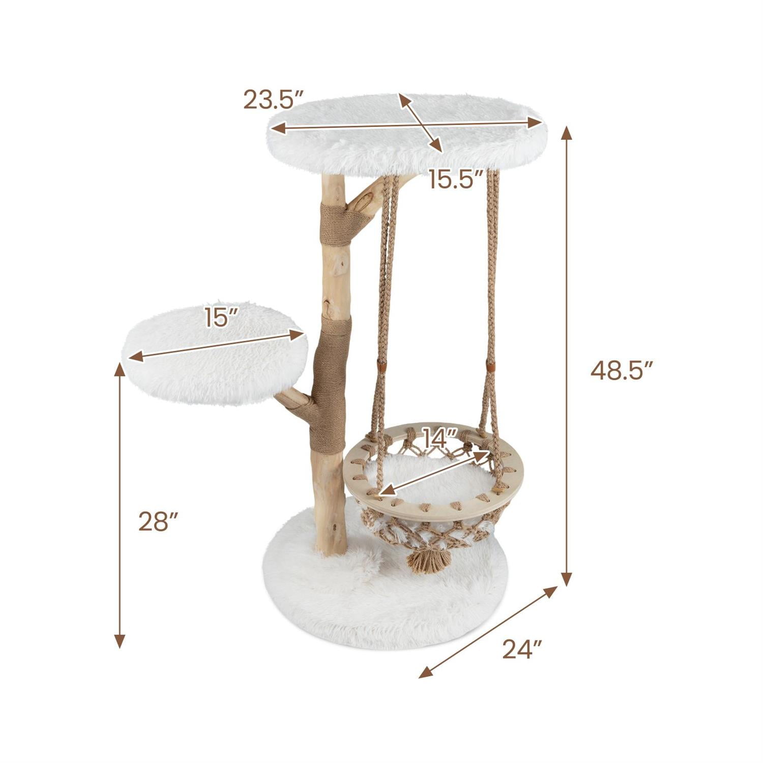 Pefilos 48.5" Solid Wood Cat Tree, Hanging Cradle & Jute Scratching Post, Top Perch & Anti-Toppling, Gray