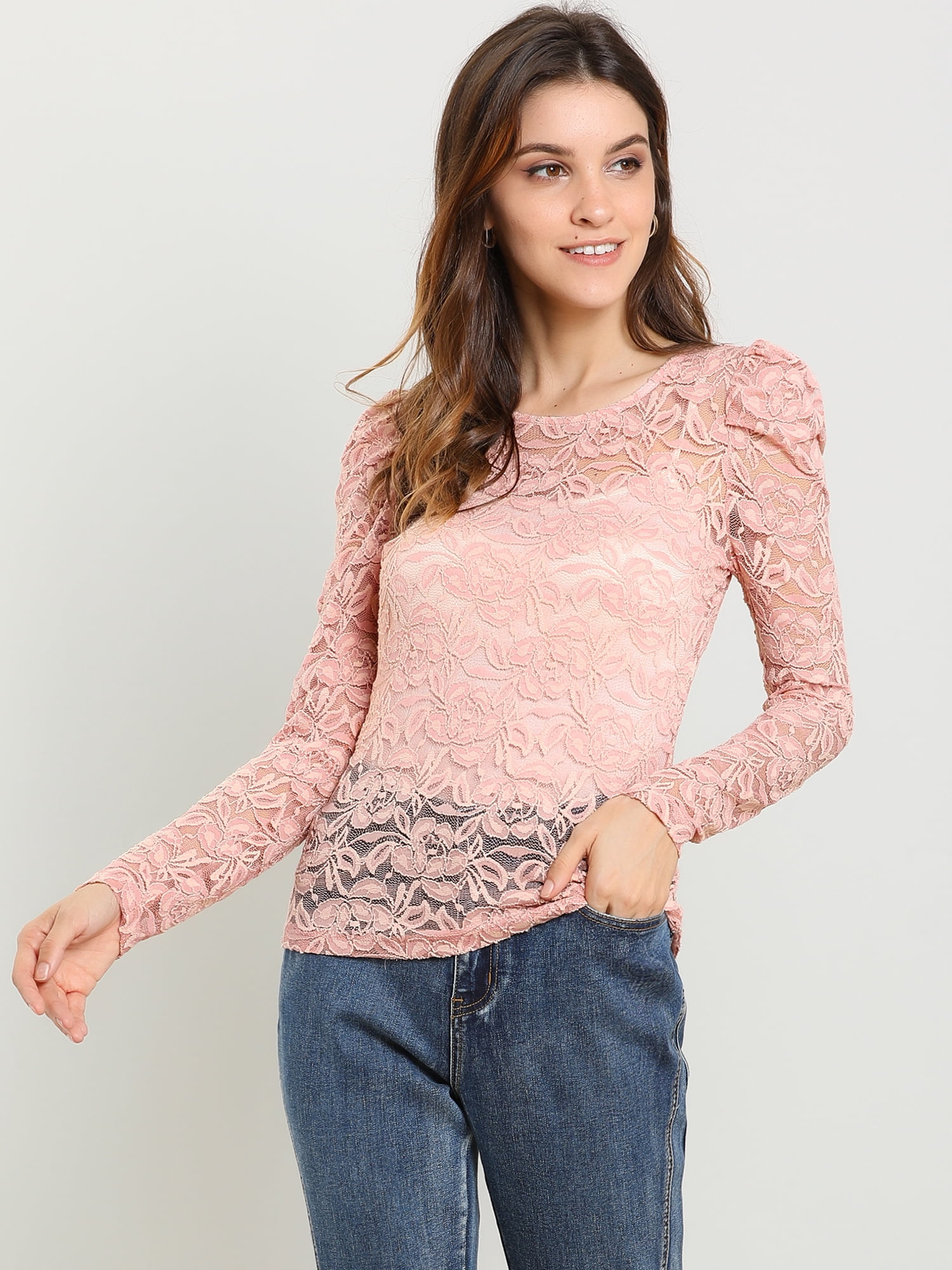 DARING DIVA Lace Embroidery Semi Sheer Puff Sleeve Tops 3XL Pink