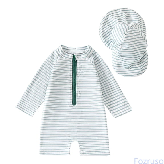 Fozruso Boys Swimwear Long Sleeve Rash Guard UPF 50 Sun Swimsuit With Matching Hat For Toddler And Kids Beach Pool Water Play 2 Piece Swimwear Sets Sizes 6-12 Months