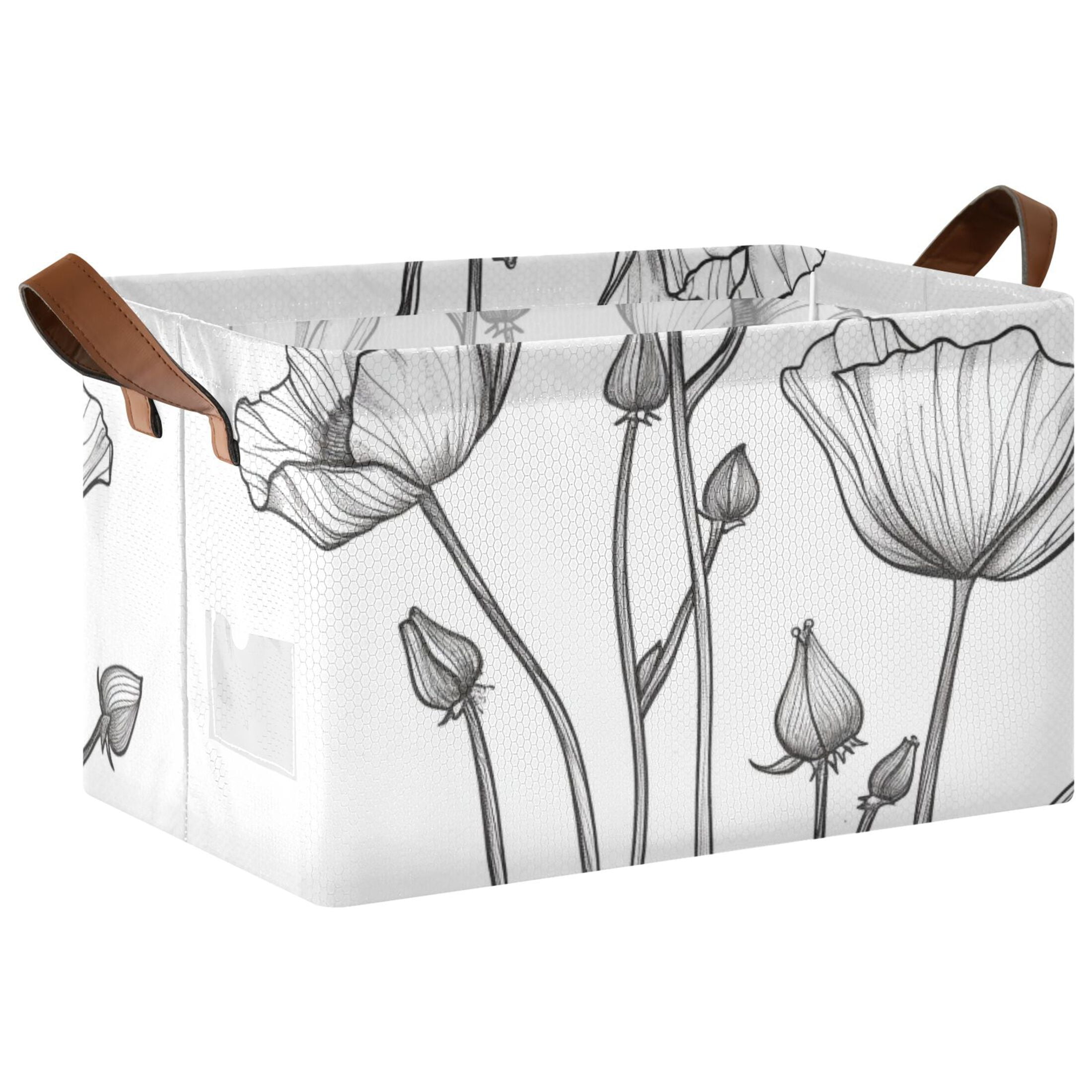 Black Line Flowers Foldable Storage Large Fabric Storage Baskets Organizer Storage Bins with Handles for Shelves