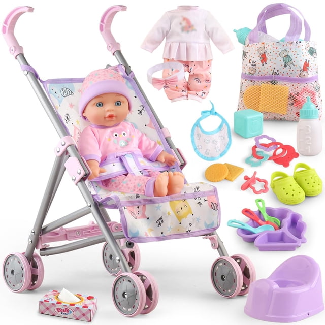 Juego de Cochecito para Muñeca Bebé YIYBM con Muñeca de 12.5" y 17 Accesorios