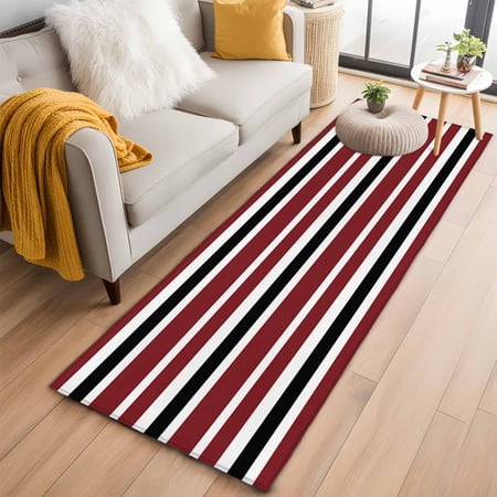 Non-Slip Rug Pad Rugs Vintage Burgundy Red Black White Stripes Rectangle Area Rugs 2x6Ft Soft Carpet Pads for Living Room Kids Room Minimalist Line