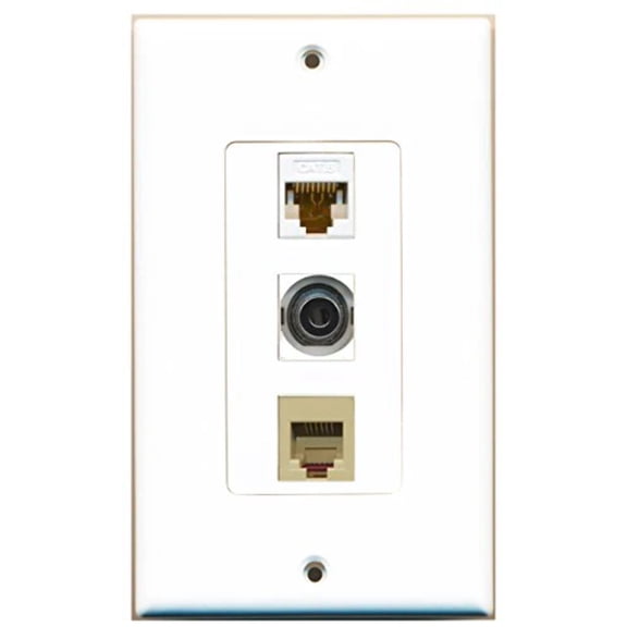 RiteAV - 1 Port Phone RJ11 RJ12 Beige and 1 Port 3.5mm and 1 Port Cat6 Ethernet White Decorative Wall Plate Decorative