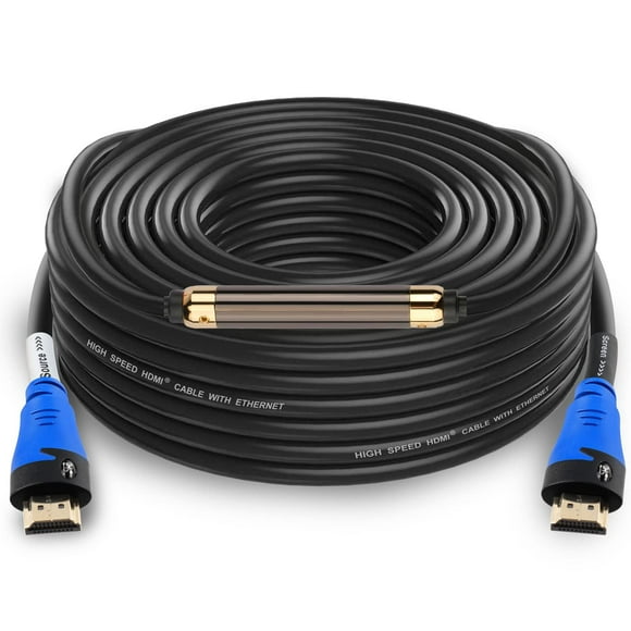 SHD HDMI Cable 100 Feet with Signal Booster 100' HDMI Cord 2.0V Support 4K 3D 1080P for in-Wall Installation CL3 Rated Black and Blue Color